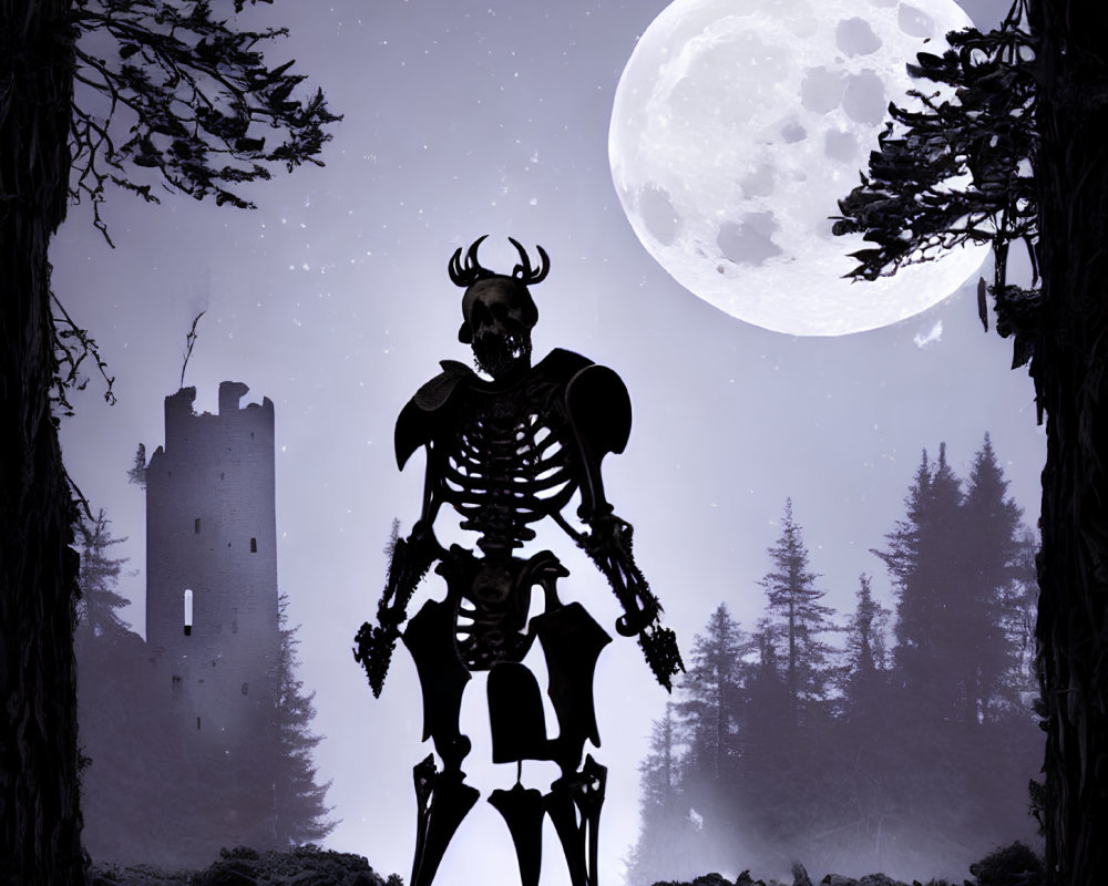 Moonlit forest clearing with skeletal figure and old tower