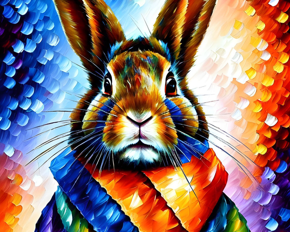 Vibrant painting of a rabbit with blue and orange scarf in impressionistic style