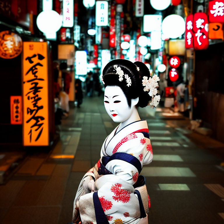 Traditional Japanese woman in kimono and geisha makeup in vibrant lantern-lit street with Japanese signs