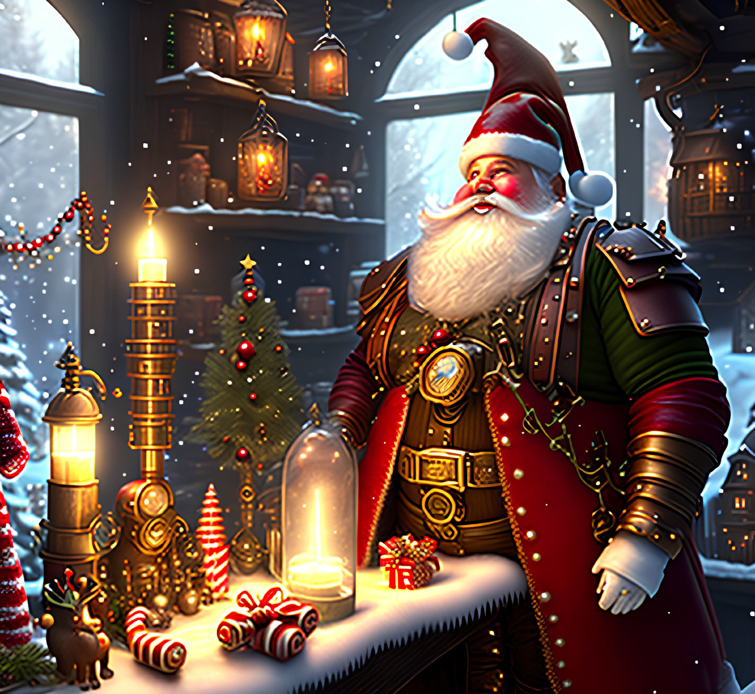 Santa Claus with gifts by Christmas tree and snowfall scene.