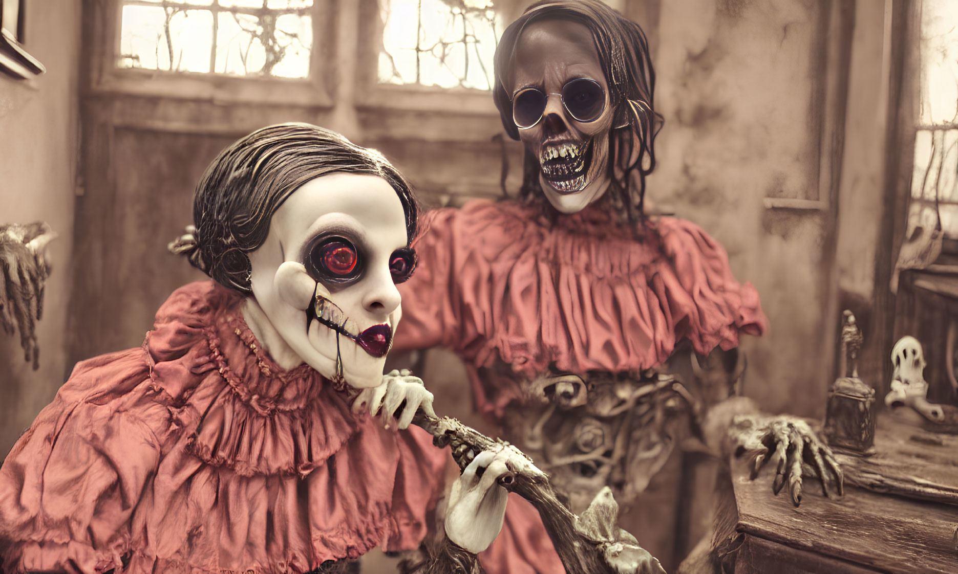 Eerie doll costumes in misty bone-filled scene