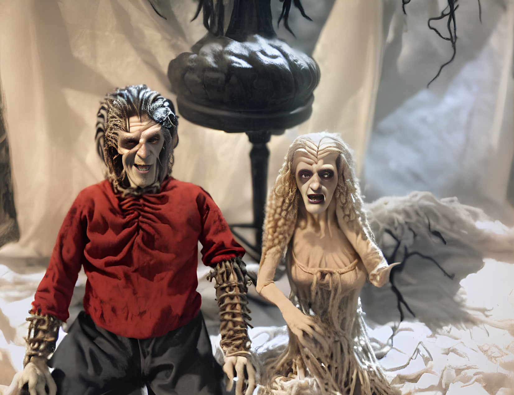Male werewolf and female spectral figurines in spooky setting