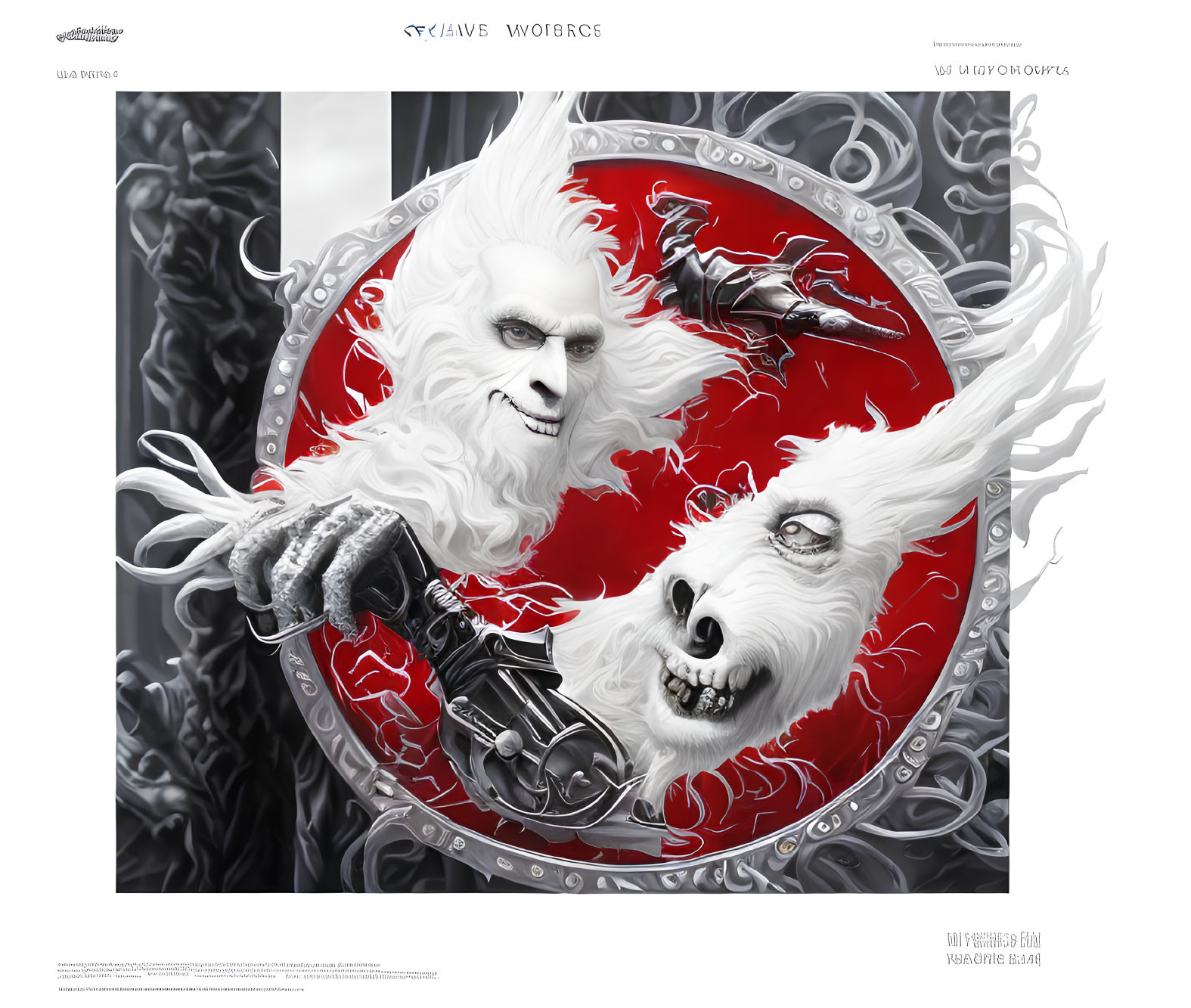 Pale figure with white hair holding a gun next to a snarling wolf in red and silver emblem