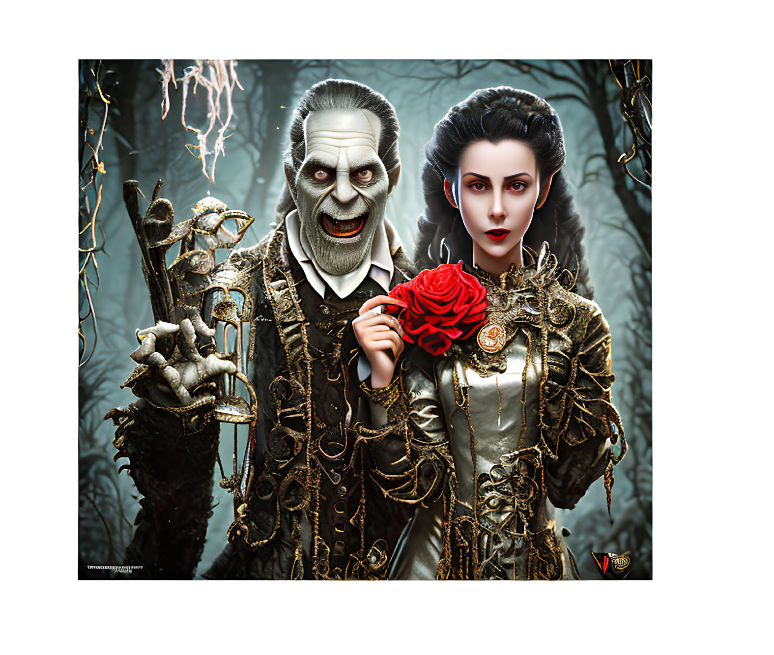 Gothic couple in elaborate costumes with skull-like face and pale skin holding red rose