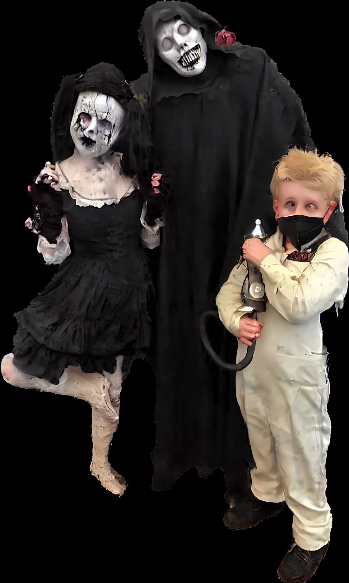Two Halloween costumes: ghostly figure in black robe with skull mask, doll in black dress, child
