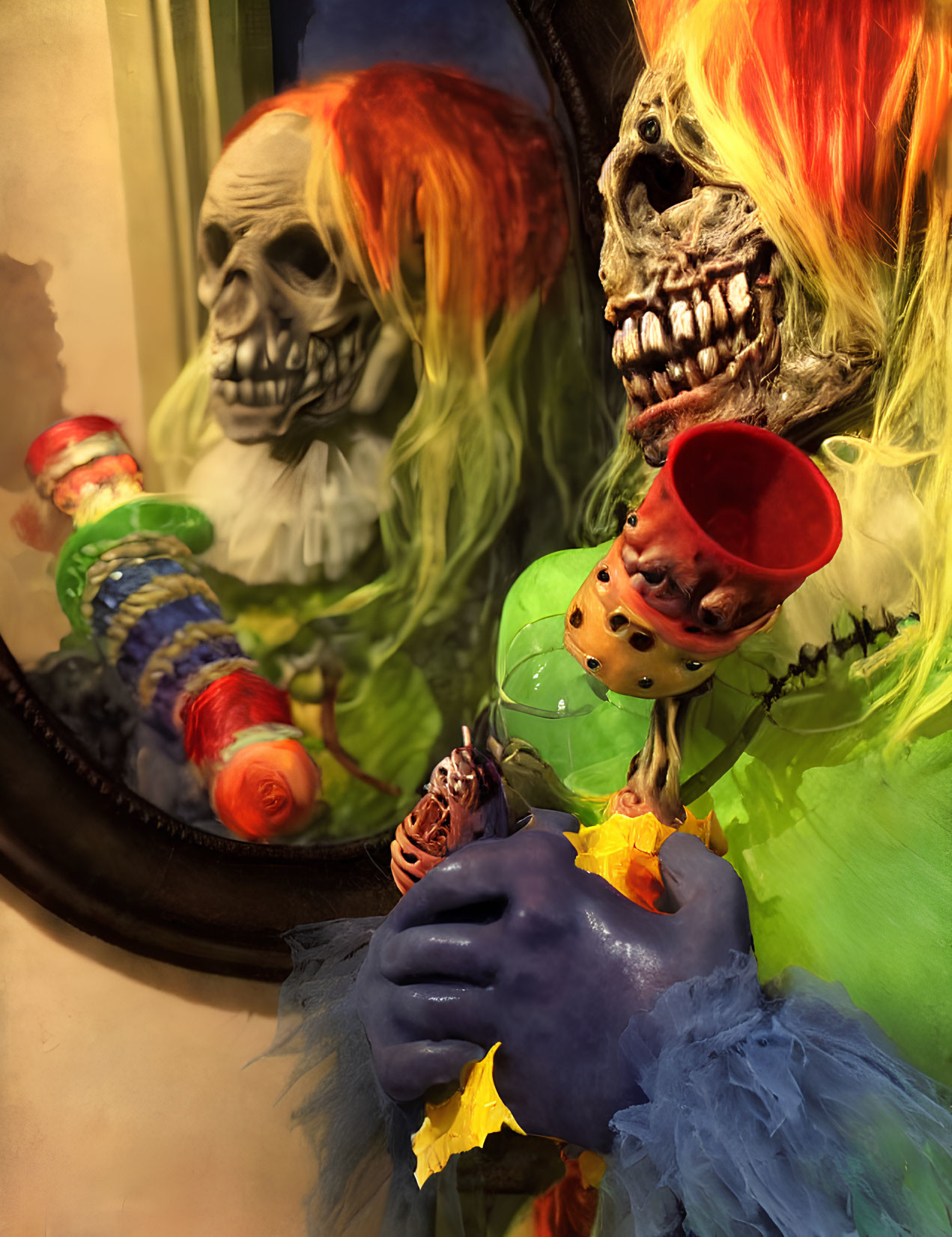 Vibrant eerie display: skeletal figures, candy skewer, bubbling potion, fiery hair,