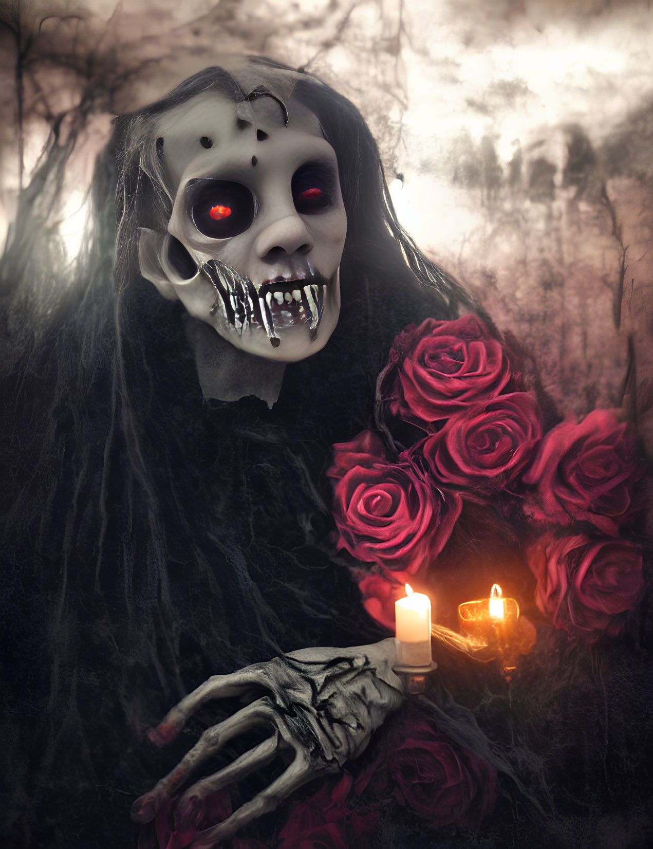 Skeletal figure with red roses in eerie forest setting
