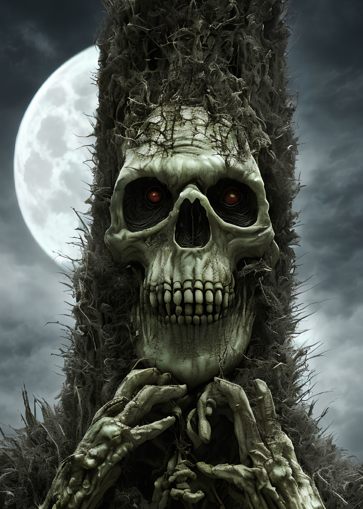 Glowing red-eyed skull with bony hands and moss-covered hat under full moon