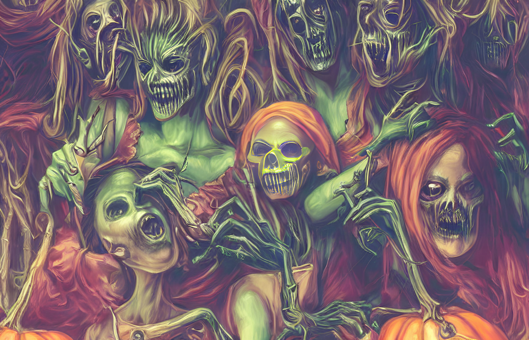 Vibrant Halloween illustration: Menacing zombies with glowing eyes and pumpkins in eerie mist