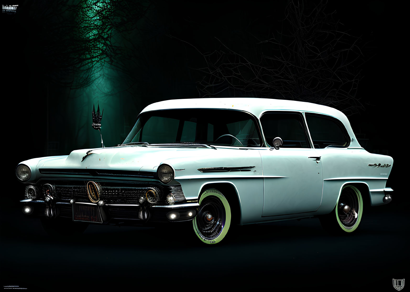 Vintage 1950s White Cadillac Sedan in Moody Green Light