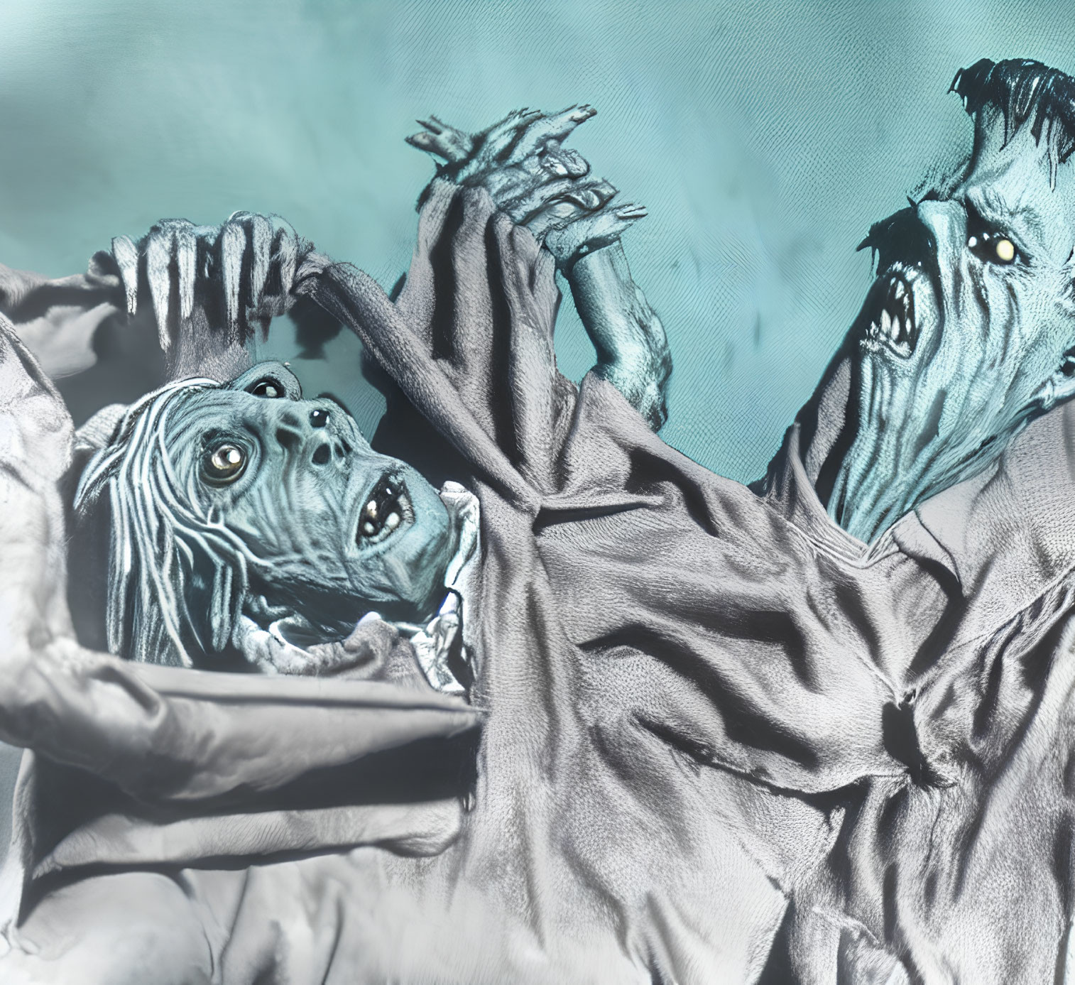 Dramatic theatrical zombie figures with clawed hands on teal backdrop