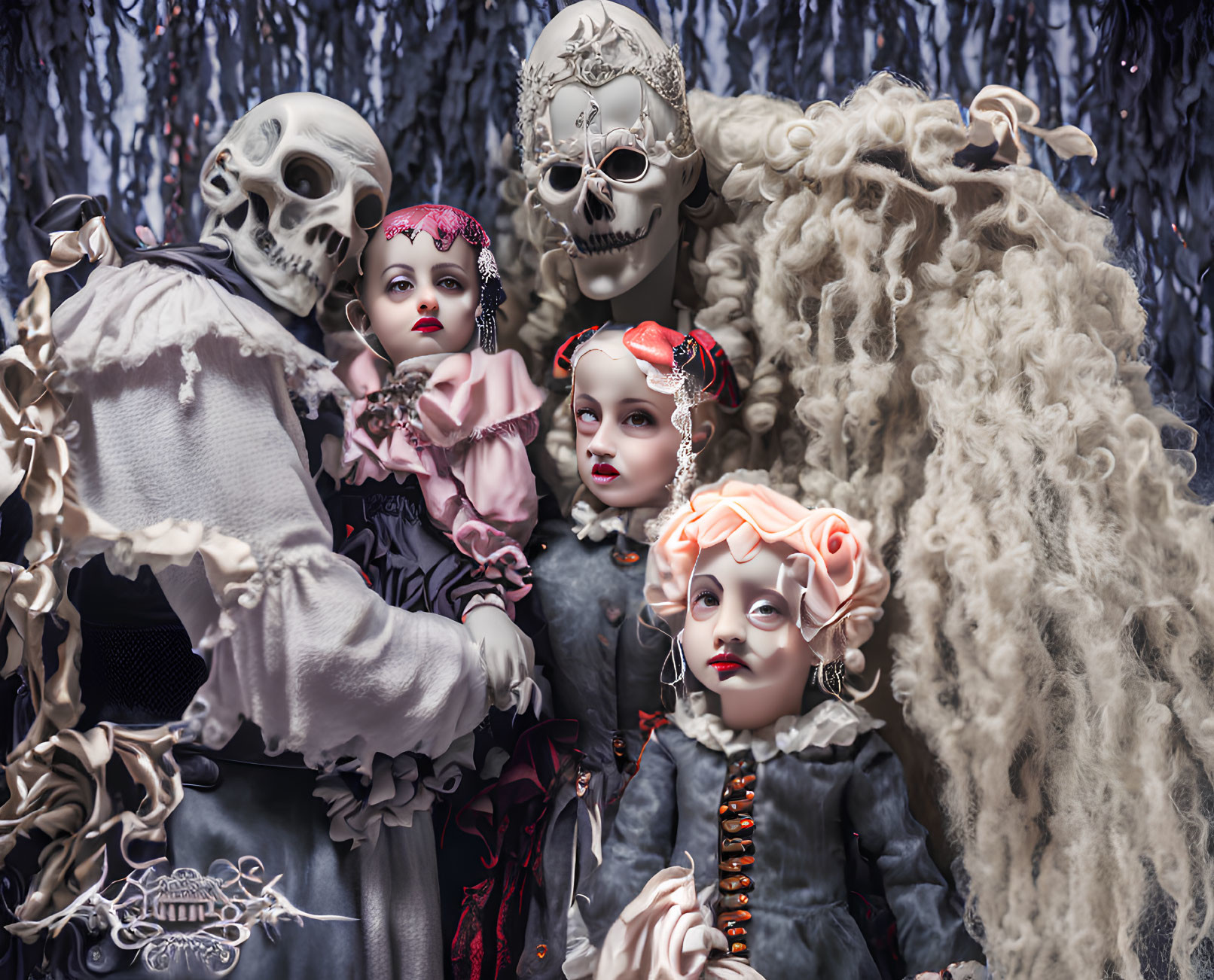 Five ornate dolls with skull and vintage-style makeup in intricate costumes on textured background