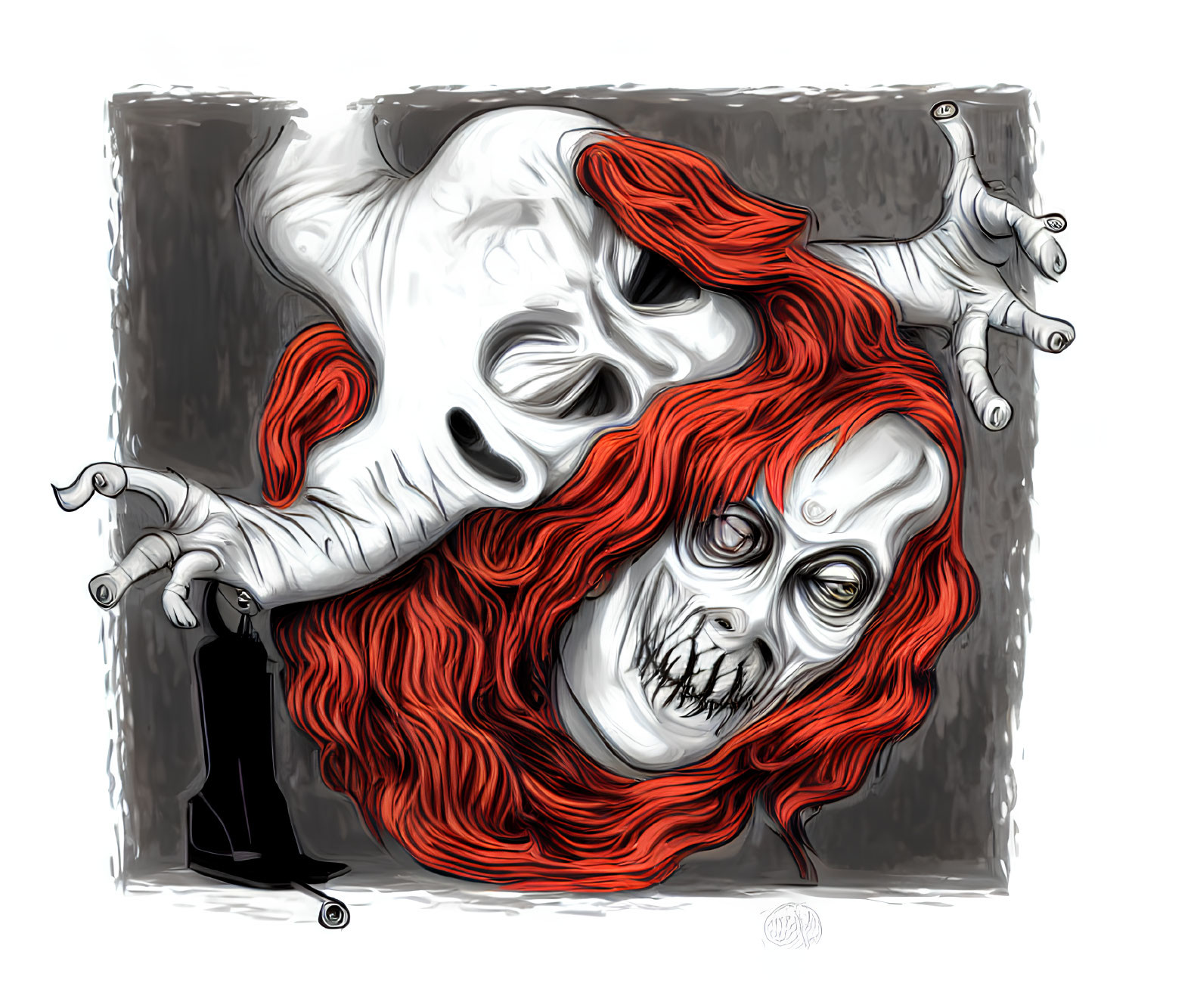 Grayscale illustration with red accent: Macabre figure with skull face, red hair, and claw
