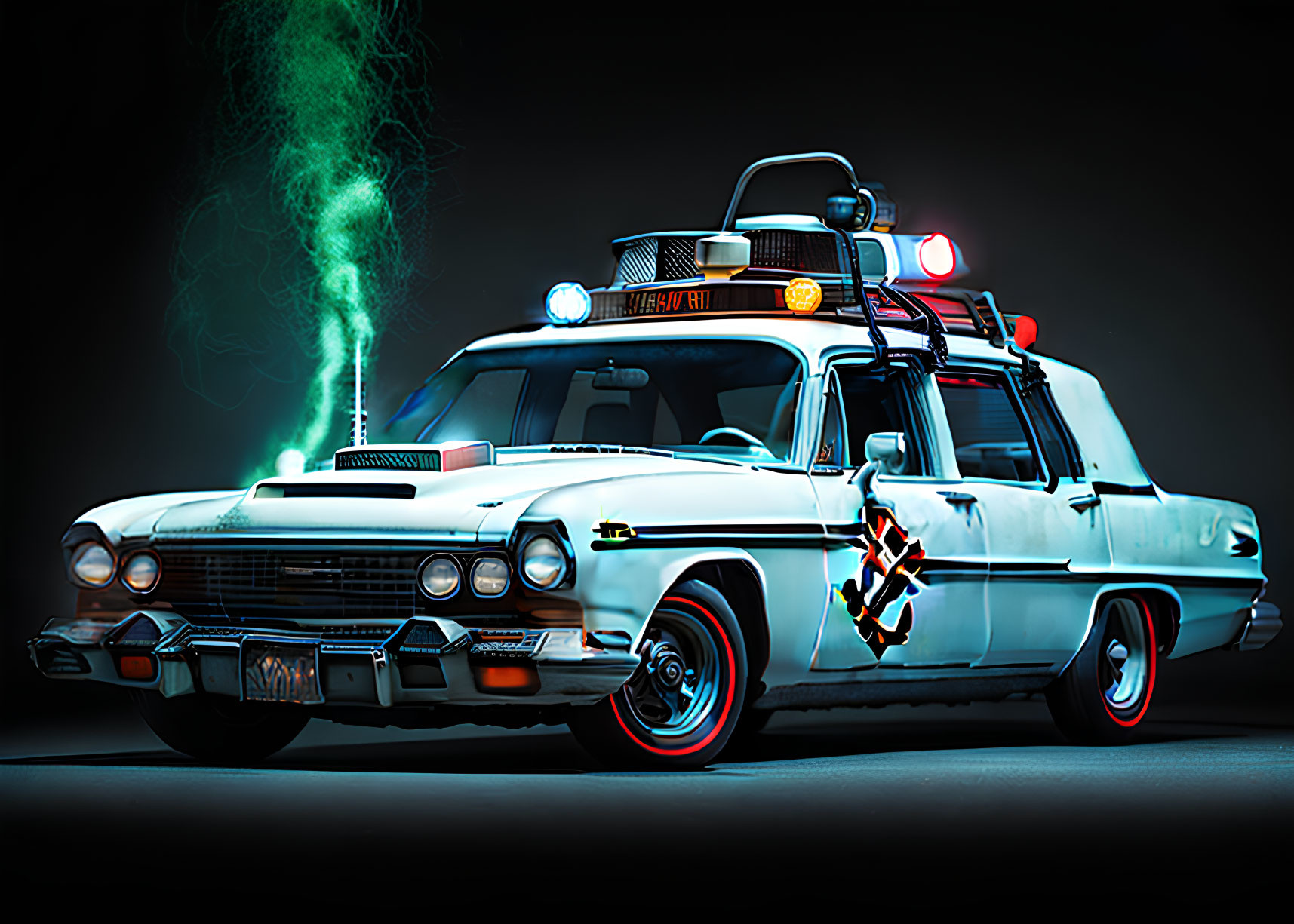 Vintage White Car with Colorful Lighting and Green Smoke on Dark Background