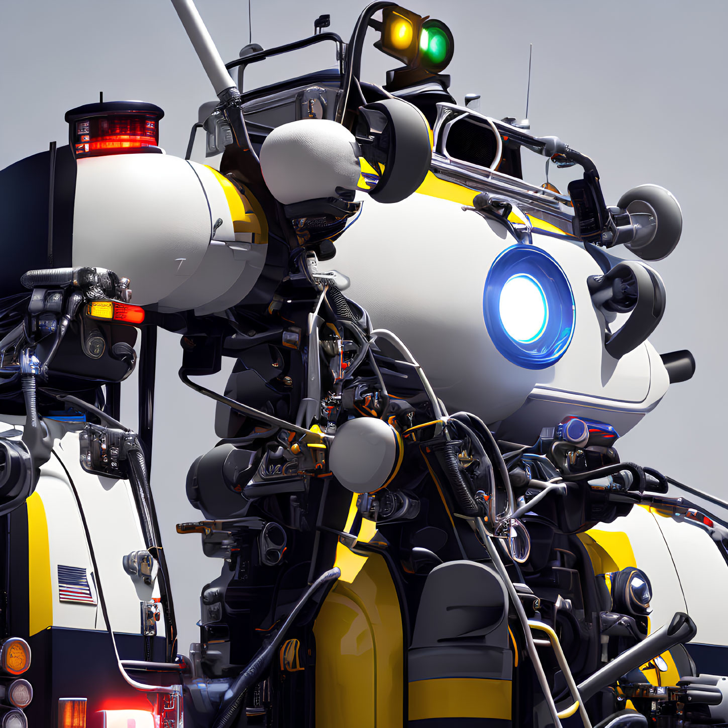 Detailed futuristic robot designed as police vehicle with lights, sirens, and advanced tech