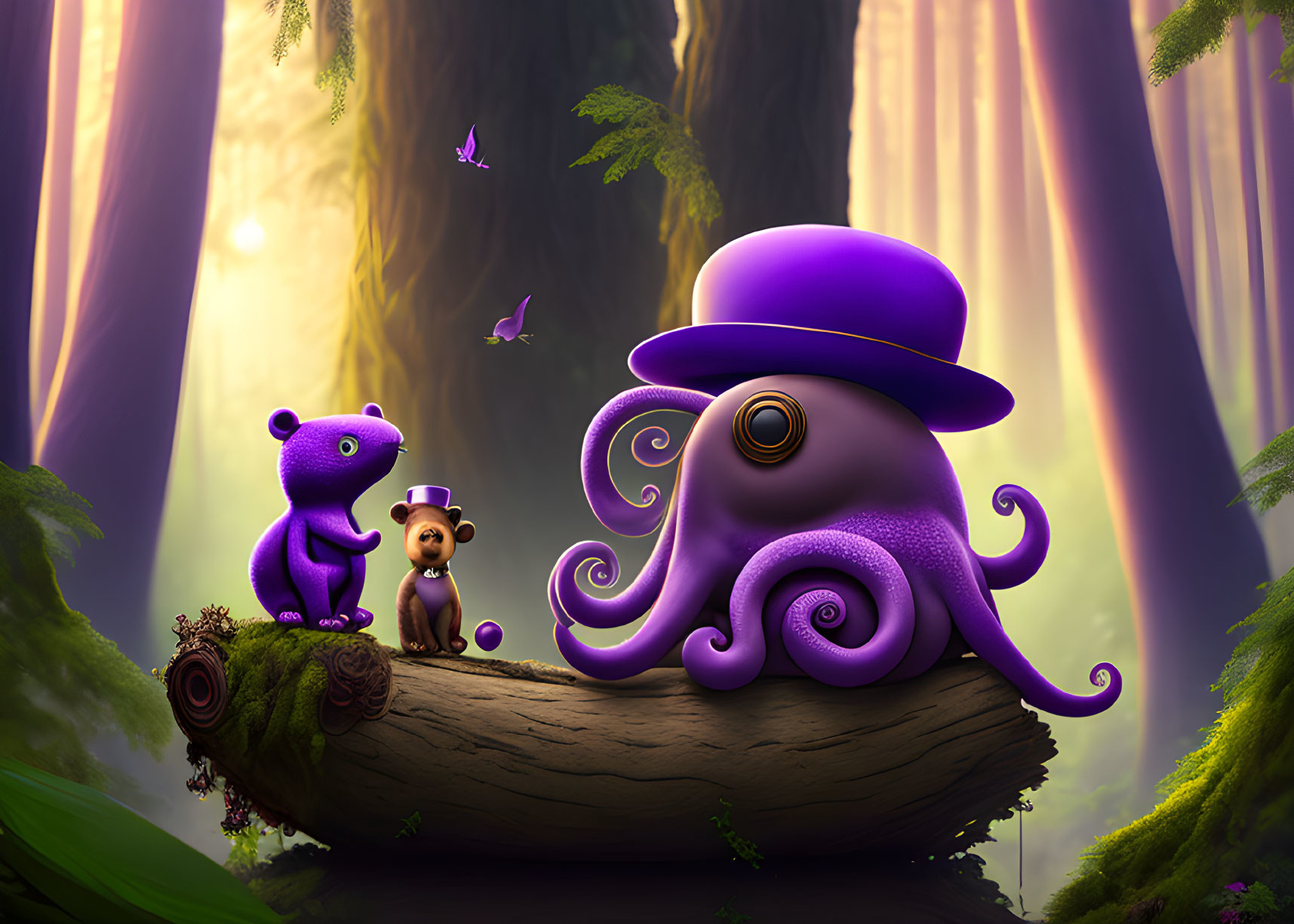 Colorful illustration of purple octopus with top hat in enchanted forest