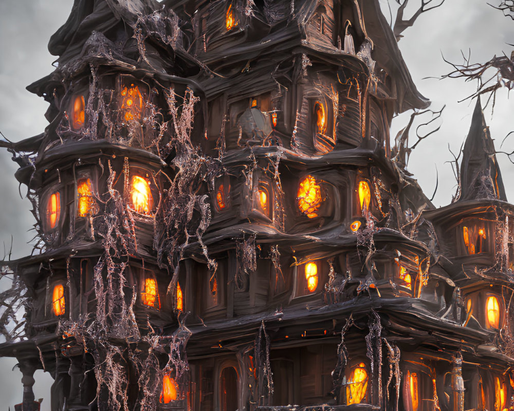 Spooky wooden house with glowing orange windows in eerie landscape