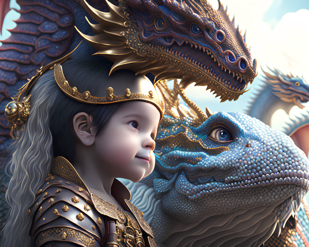 Child in royal attire with dragons under clear blue sky