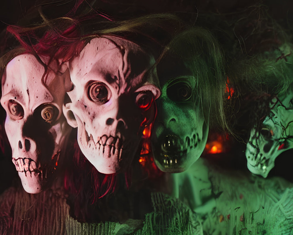 Three Glaring Skull Faces with Disheveled Hair in Red and Green Lighting