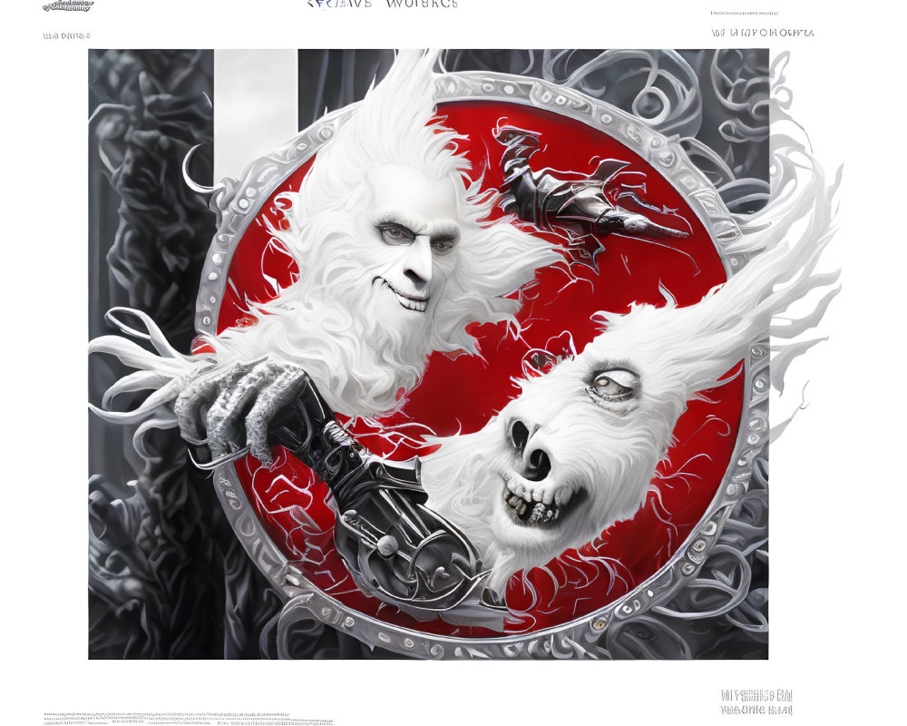 Pale figure with white hair holding a gun next to a snarling wolf in red and silver emblem