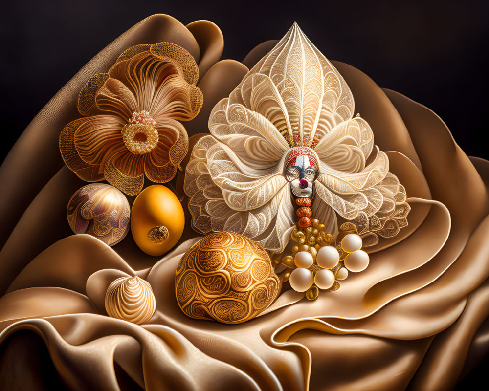 Intricate digital still life with decorative eggs, golden beads, detailed mask, and floral satin fabric