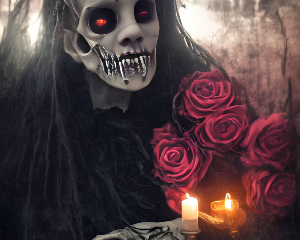 Skeletal figure with red roses in eerie forest setting