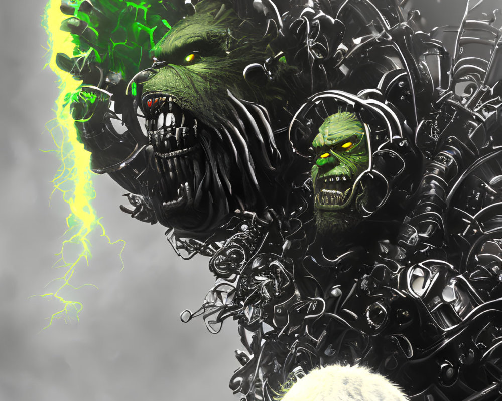 Sinister wolf-like figure with skulls and mechanical parts emitting green lightning