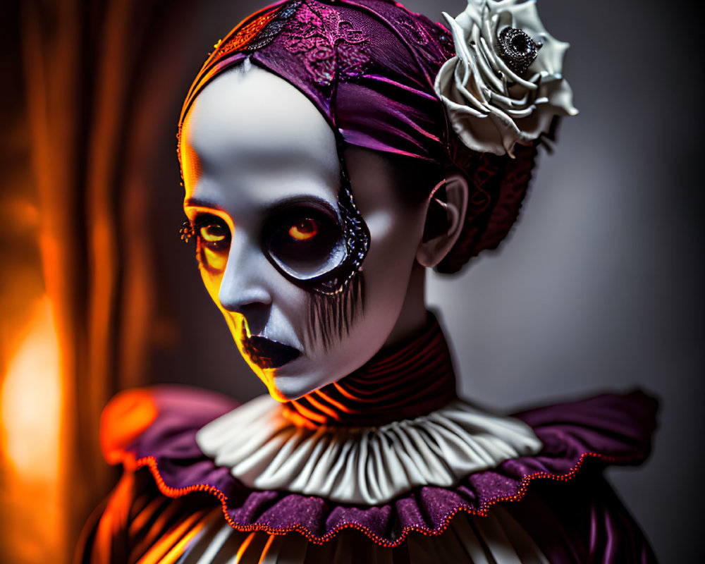 Intense skeleton makeup with purple headscarf and white flower on orange background