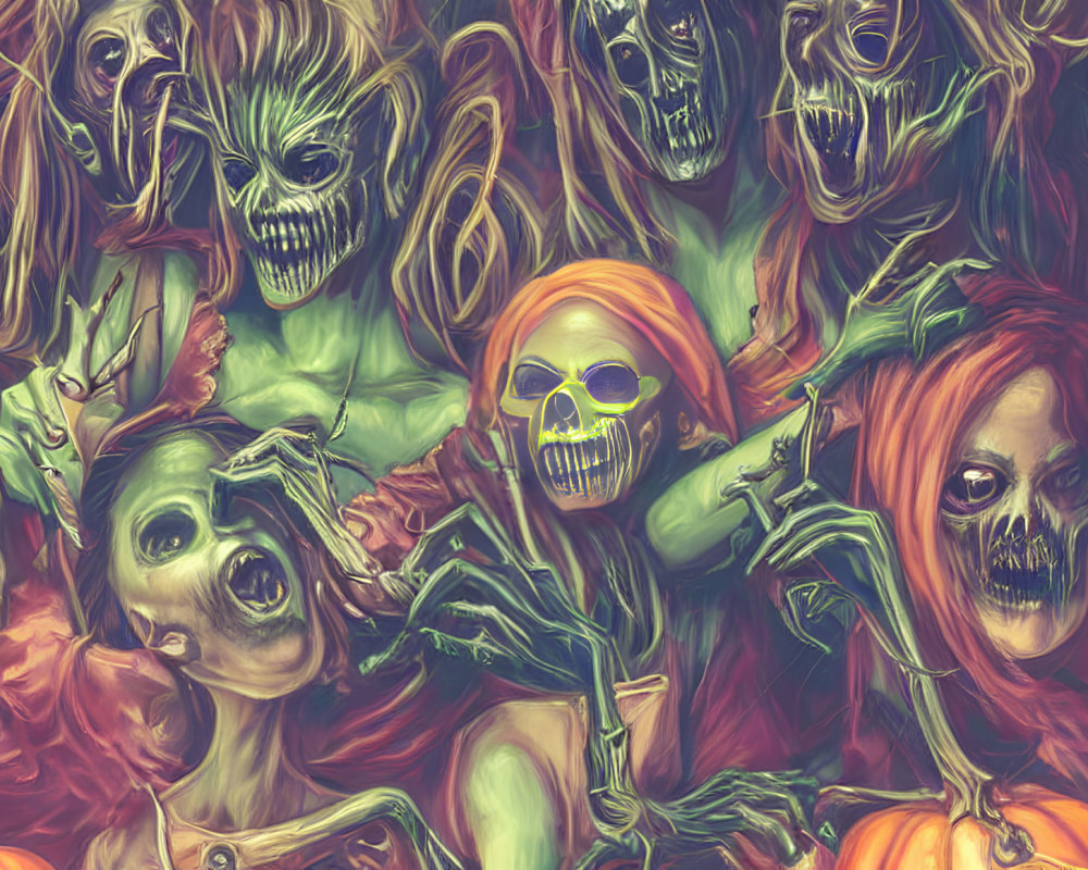 Vibrant Halloween illustration: Menacing zombies with glowing eyes and pumpkins in eerie mist