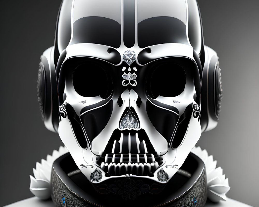 Detailed Black and White Skull Helmet with Floral Patterns on Grey Background