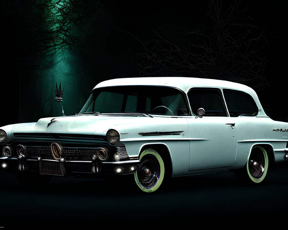 Vintage 1950s White Cadillac Sedan in Moody Green Light