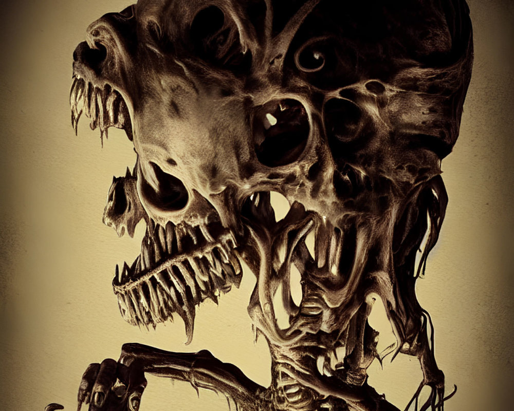 Sepia-Toned Image of Humanoid Skeletal Figure with Multiple Skulls
