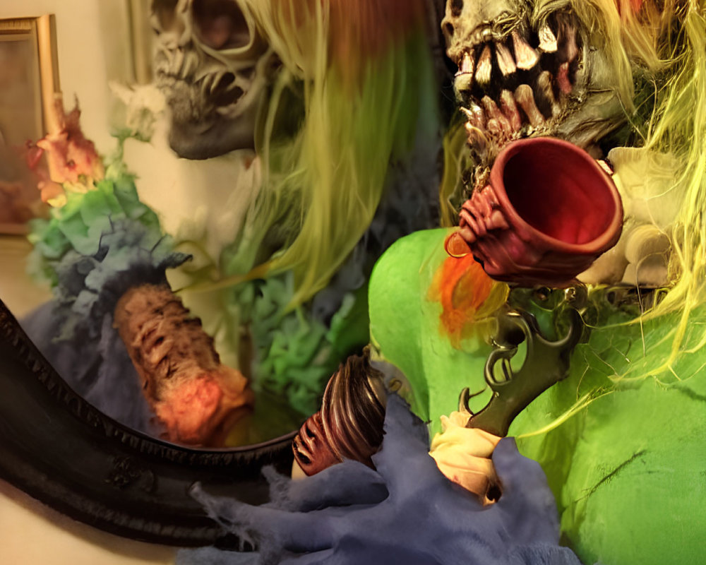 Colorful Skeleton Figures with Wigs Holding Cup Reflected in Mirror
