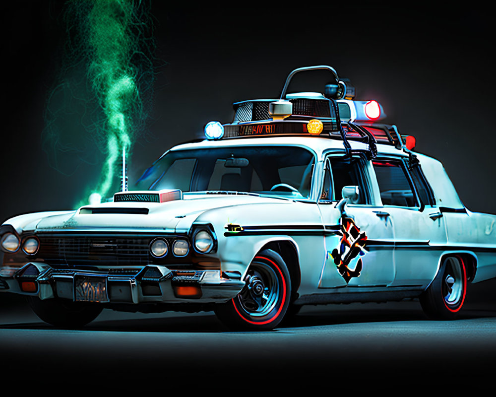 Vintage White Car with Colorful Lighting and Green Smoke on Dark Background