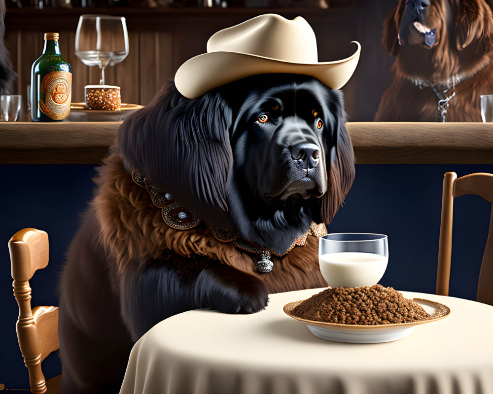Black Dog in Cowboy Hat at Table with Kibble and Milk