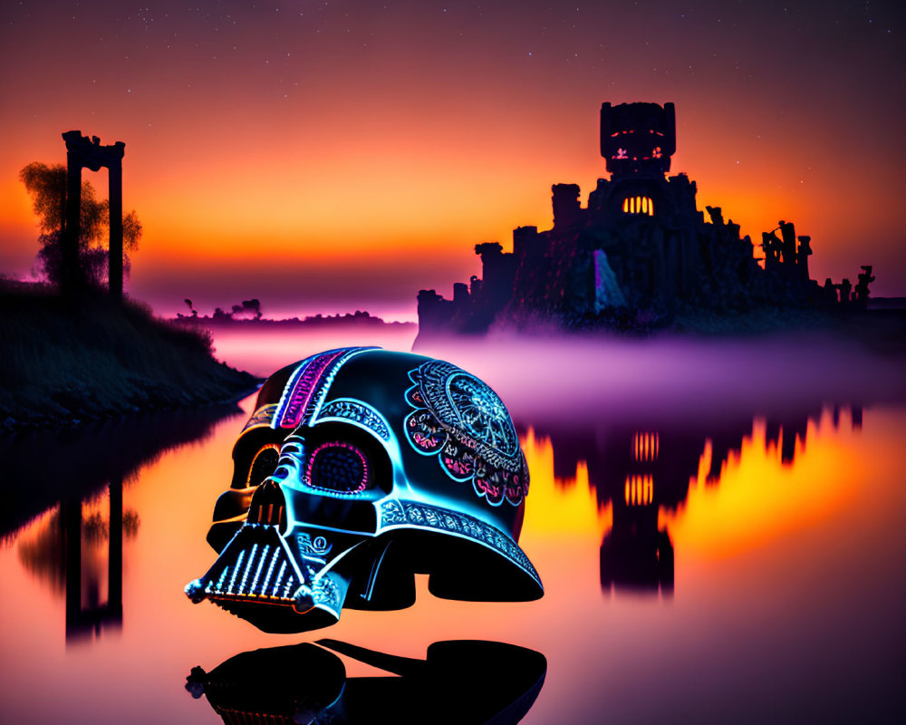 Colorful Skull Near Reflective Water with Ruins Landscape and Starry Sky
