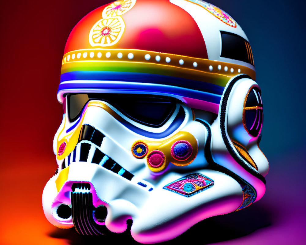Colorful Decorated Stormtrooper Helmet on Red and Blue Gradient Background