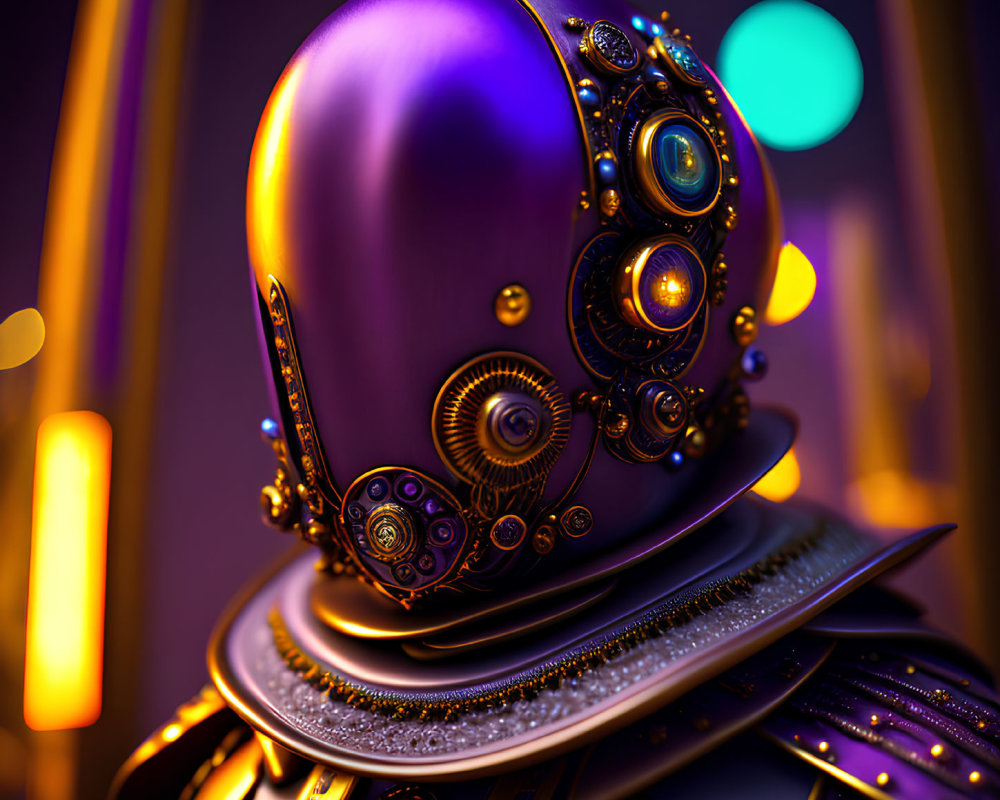 Detailed Close-Up of Futuristic Robot with Shiny Purple Head and Gold Mechanical Details