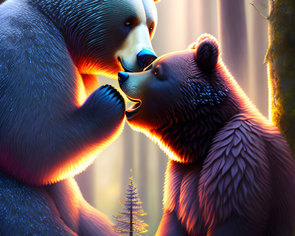 Affectionate bears touching noses in sunlit forest