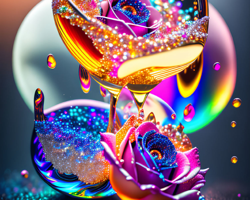 Colorful abstract digital artwork with glossy textures of flowers and bubbles on a soft background