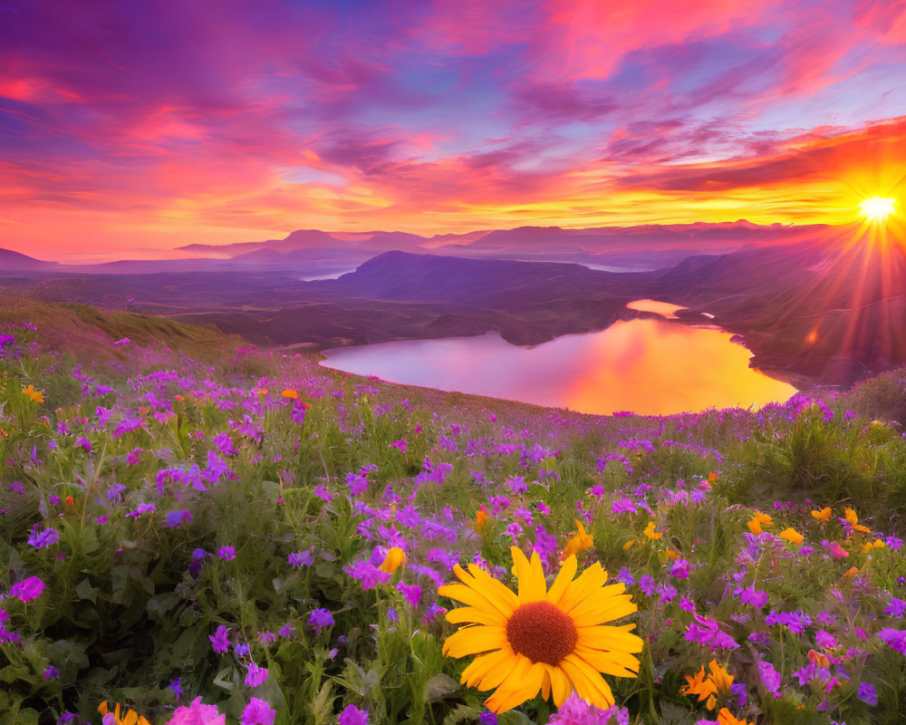 Scenic sunset over tranquil lake with radiant clouds and blooming flowers