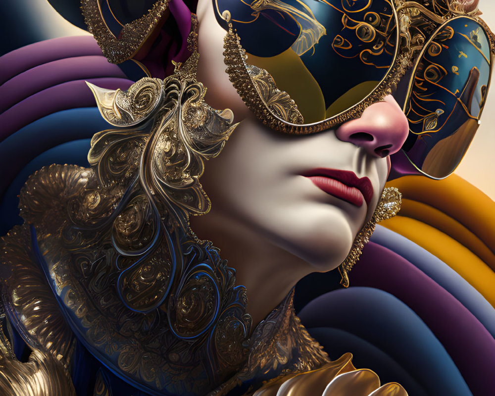 Person depicted with ornate golden eyewear and baroque embellishments in colorful swirling attire