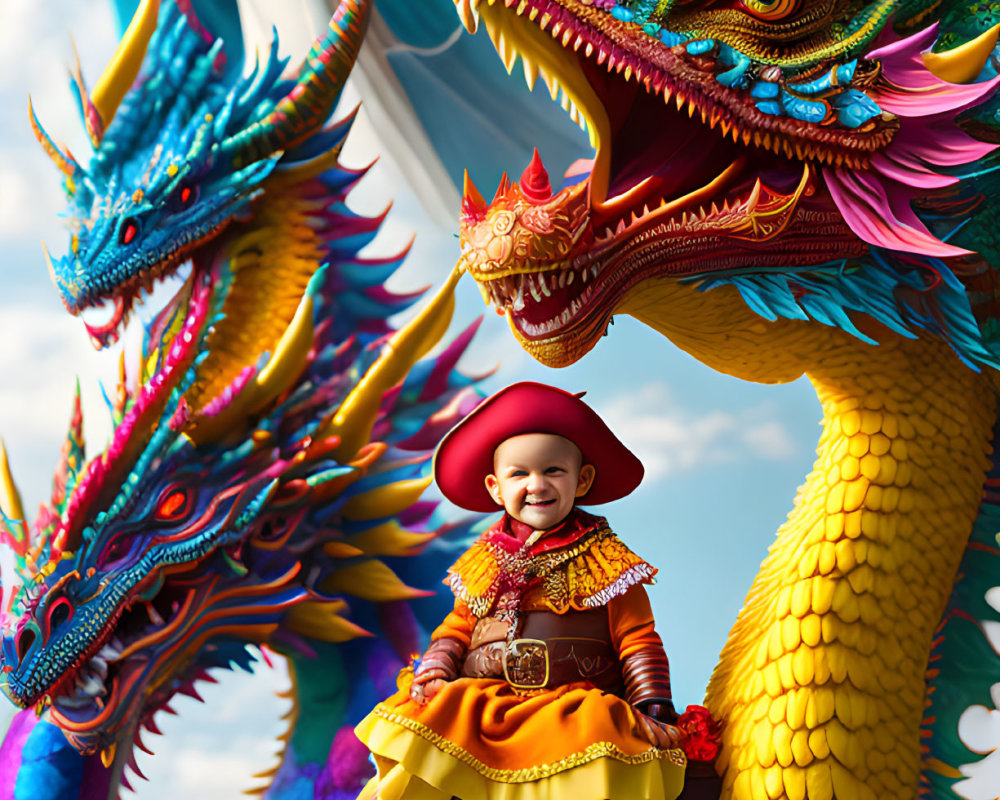 Child in Festive Dress Smiling on Colorful Statue with Mythical Dragon Figures