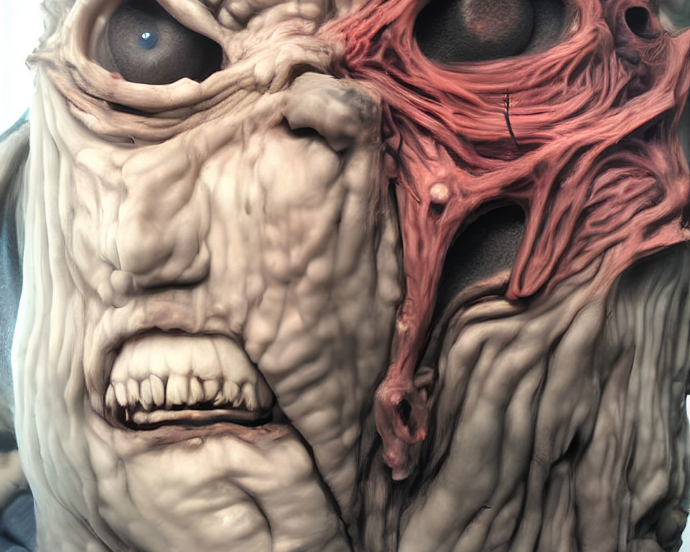 Detailed grotesque monster mask with asymmetrical features and bulging eye.