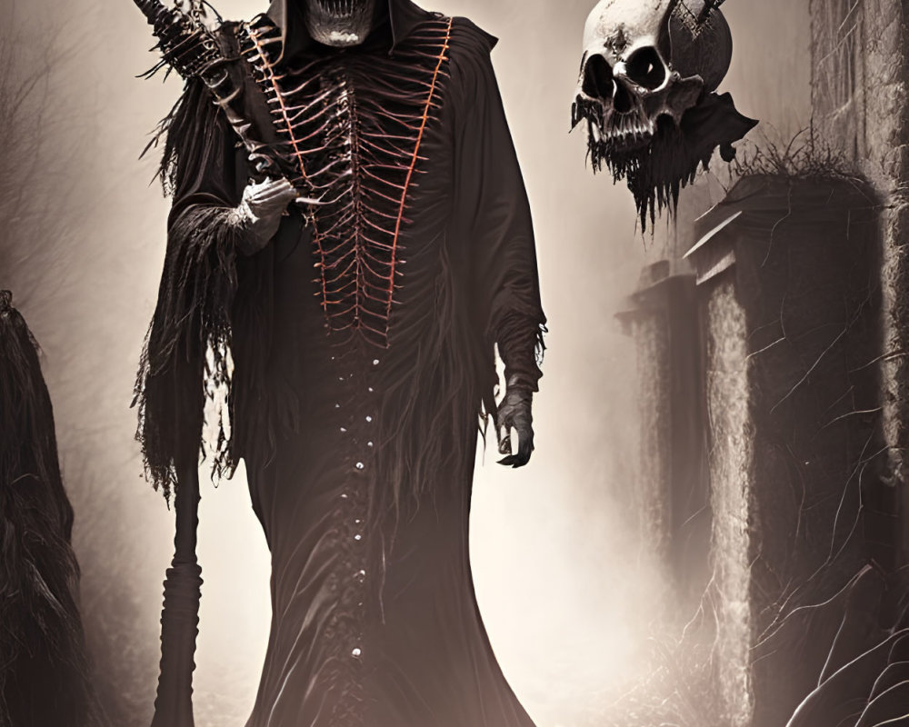 Skull-faced grim reaper with skeletal scepter in misty alley.