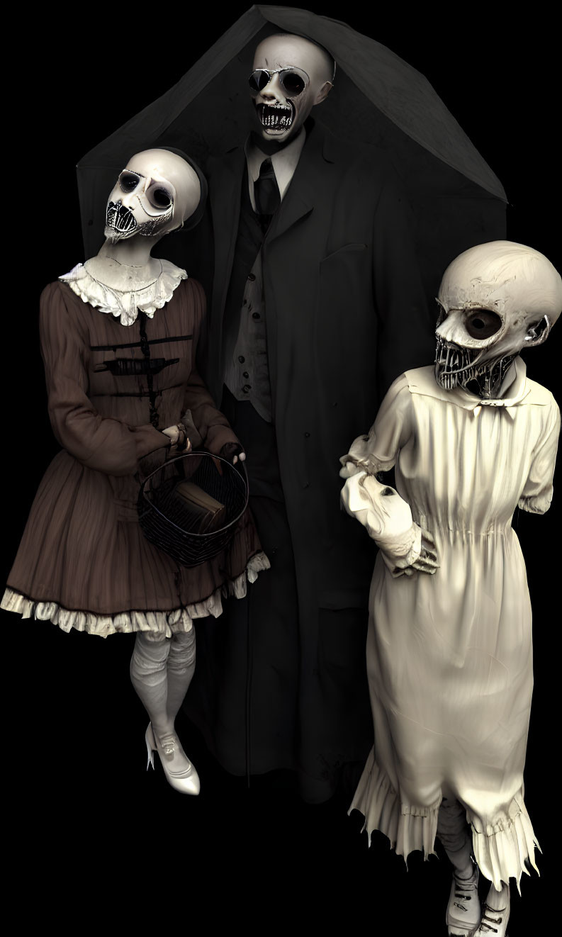 Vintage clothing figures with skull-like faces and umbrella, basket, suit, on dark background