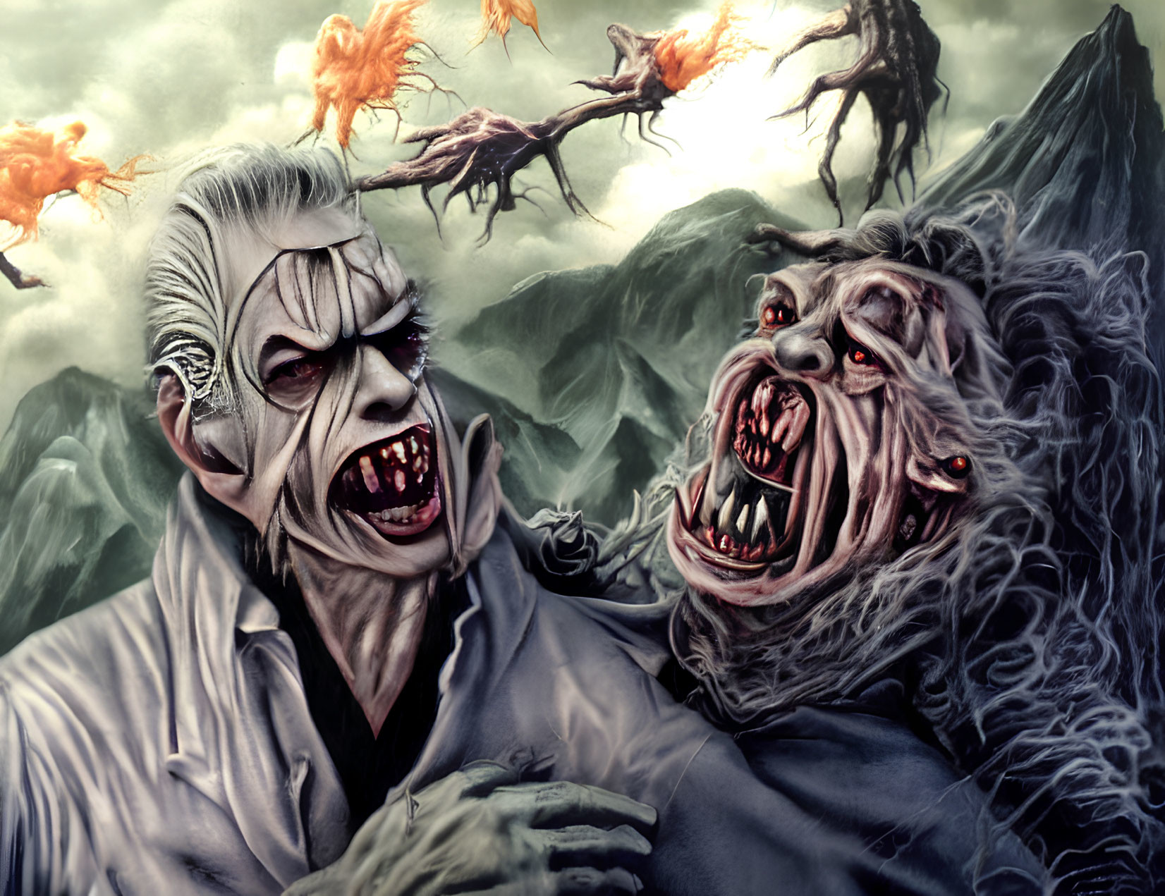 Grotesque monstrous figures in dark mountainous terrain with fiery creatures
