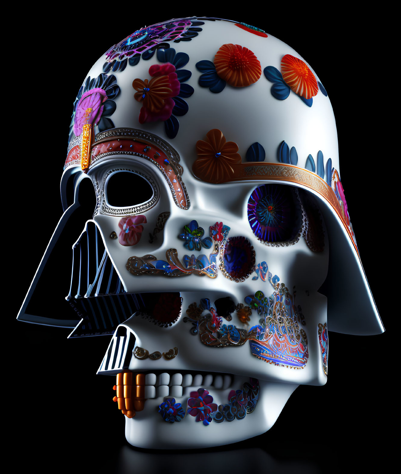 Colorful Floral Patterned Skull with Stylized Helmet on Dark Background