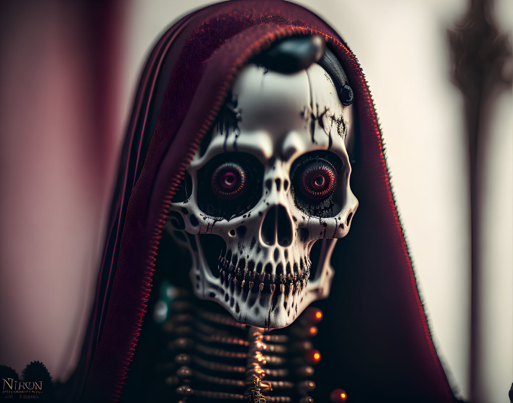 Skull with Hollow Eye Sockets in Red Hooded Cloak