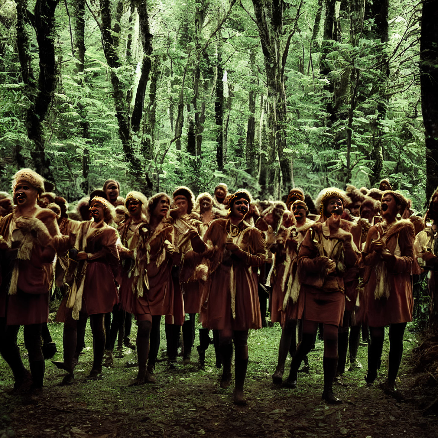 Group in traditional garb dancing in lush forest.